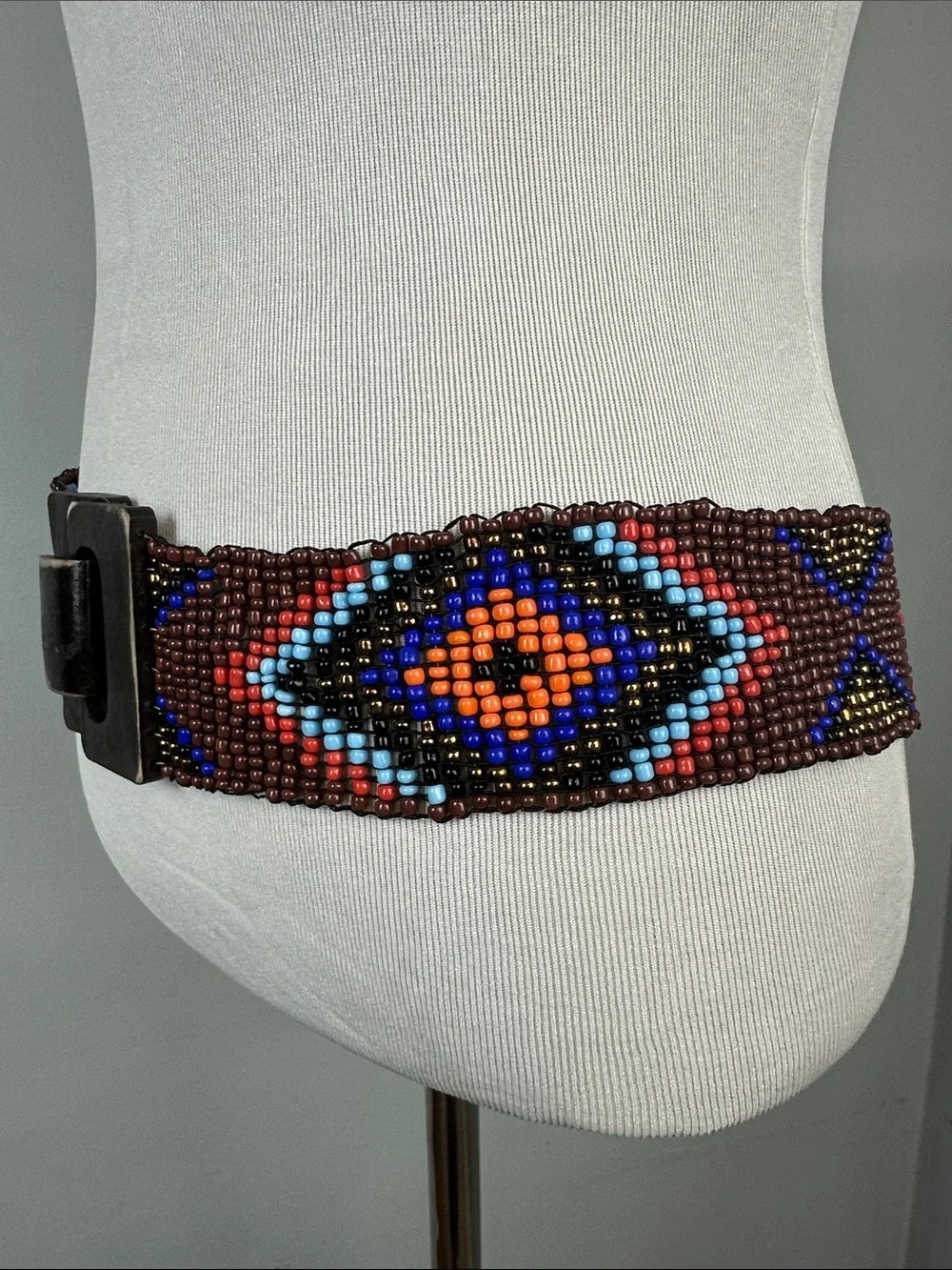 Boho Hippie Aztec Beaded Stretchy Belt With Wooden Buckle